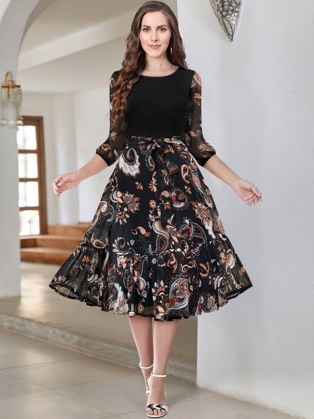 keri perry paisley printed round neck cuffed sleeve gathered tiered fit & flare midi dress