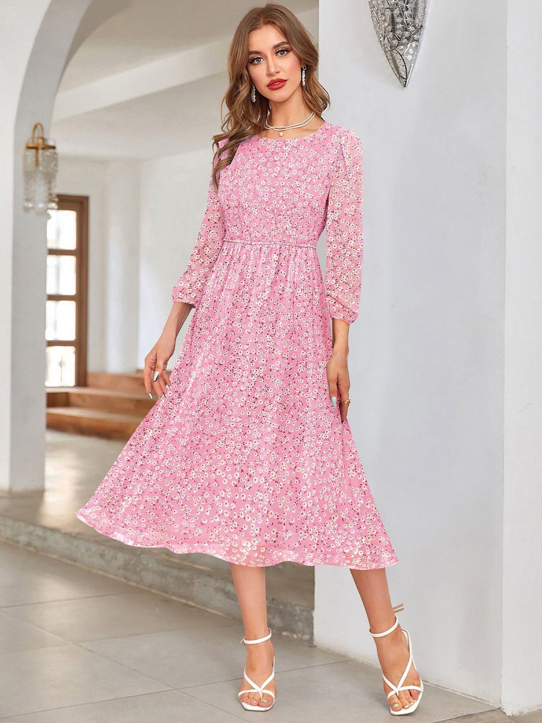 keri perry pink floral printed puff sleeves georgette fit & flare midi dress