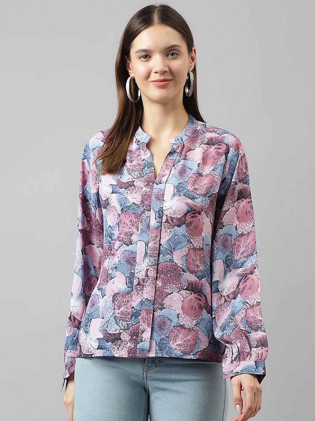 keri perry purple floral print mandarin collar puff sleeve shirt style top