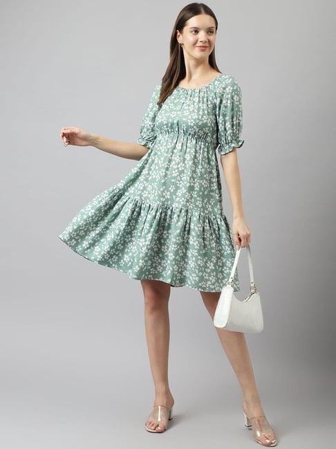 keri perry sage green & white floral print fit & flare dress