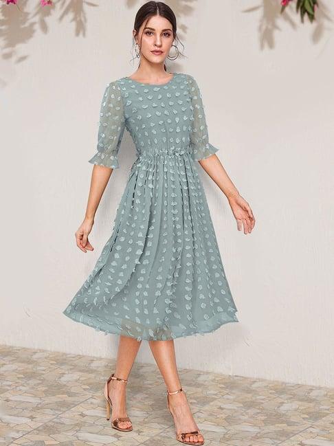 keri perry sea green self design fit & flare dress