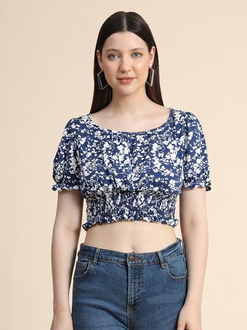 keri perry white & navy floral print crop top