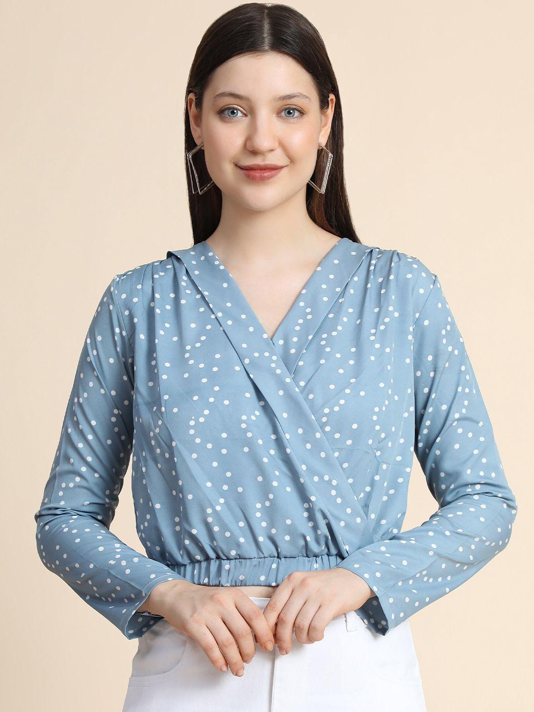 keri perry women blue polka dot printed wrap crop top