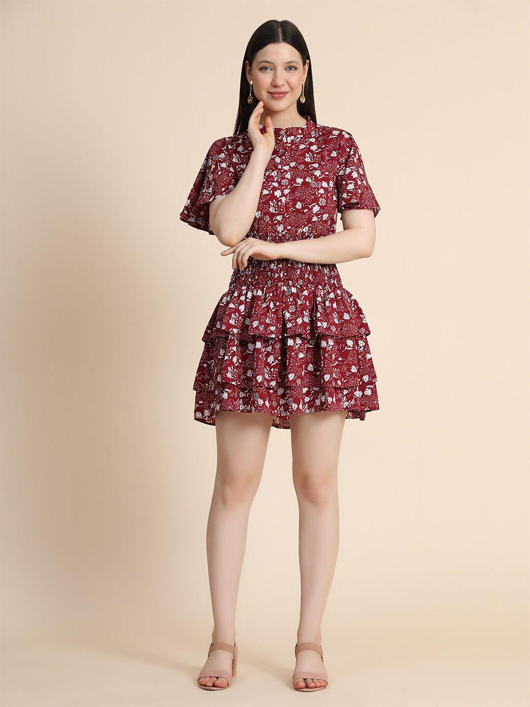 keri perry women maroon & white floral print layered dress