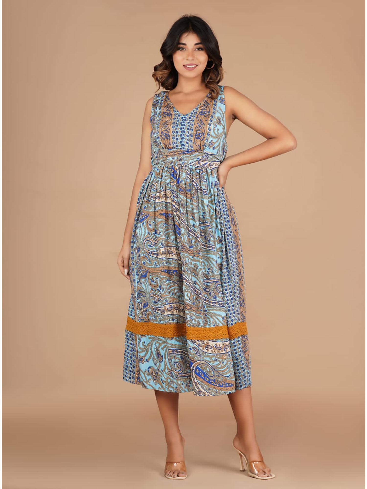 kerry blue printed muslin midi dress