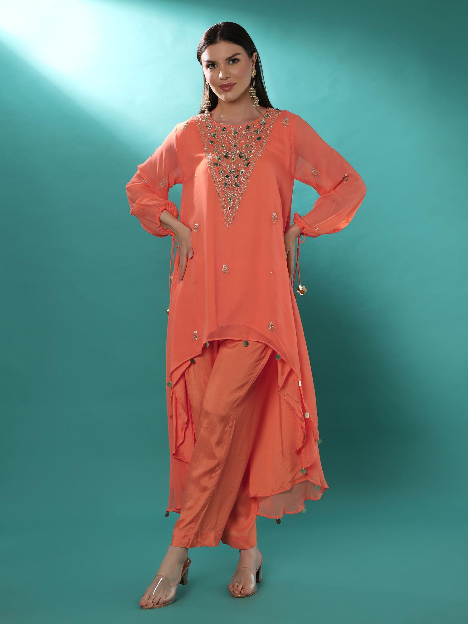 kervi orange embroidered tunic with pant (set of 2)