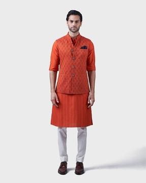 kesariya relaxed fit nehru jacket with patch pockets