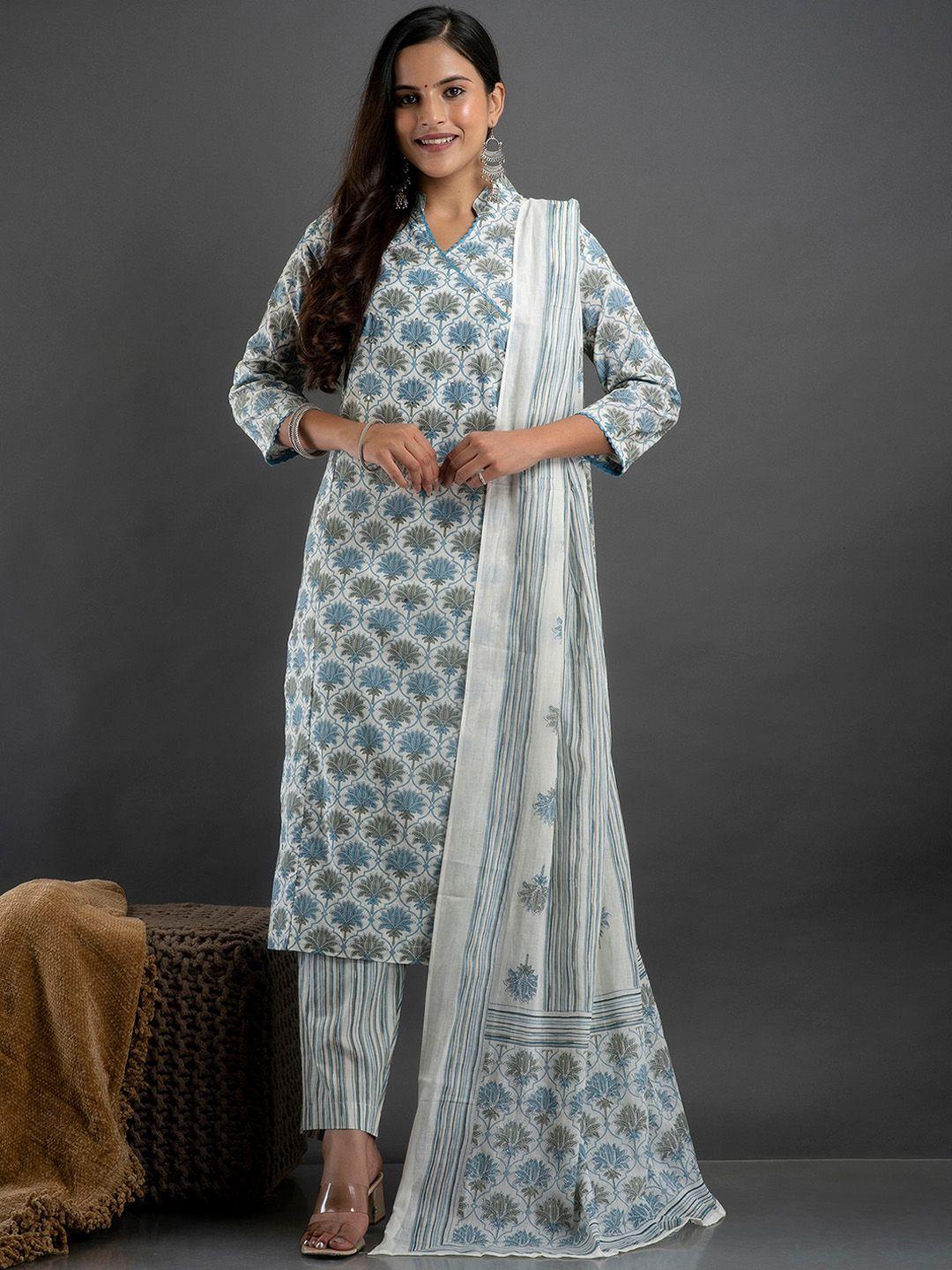 kesarya ethnic motifs printed pure cotton angrakha kurta with trousers & dupatta