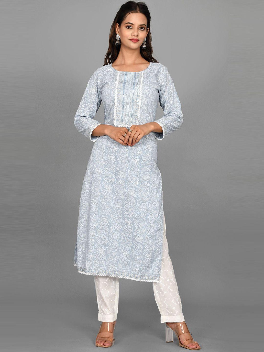 kesarya women blue ethnic motifs printed pure cotton kurta with trousers & with dupatta