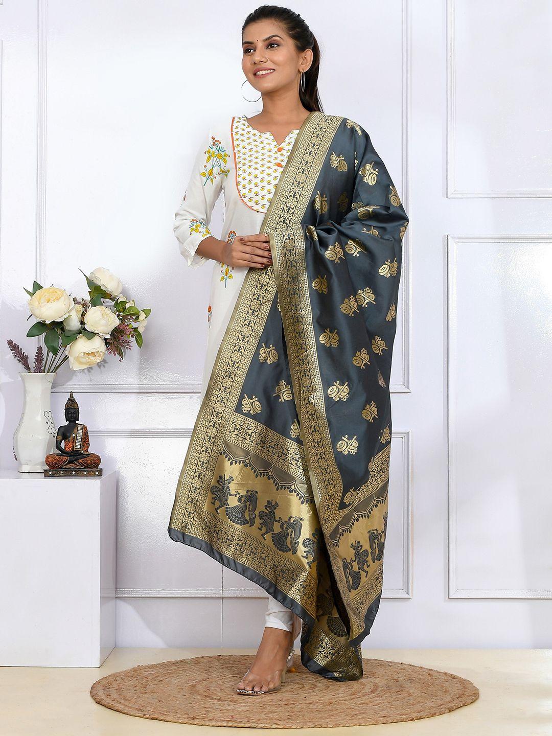 kesarya women grey & gold-toned ethnic motifs woven design pure silk dupatta with zari