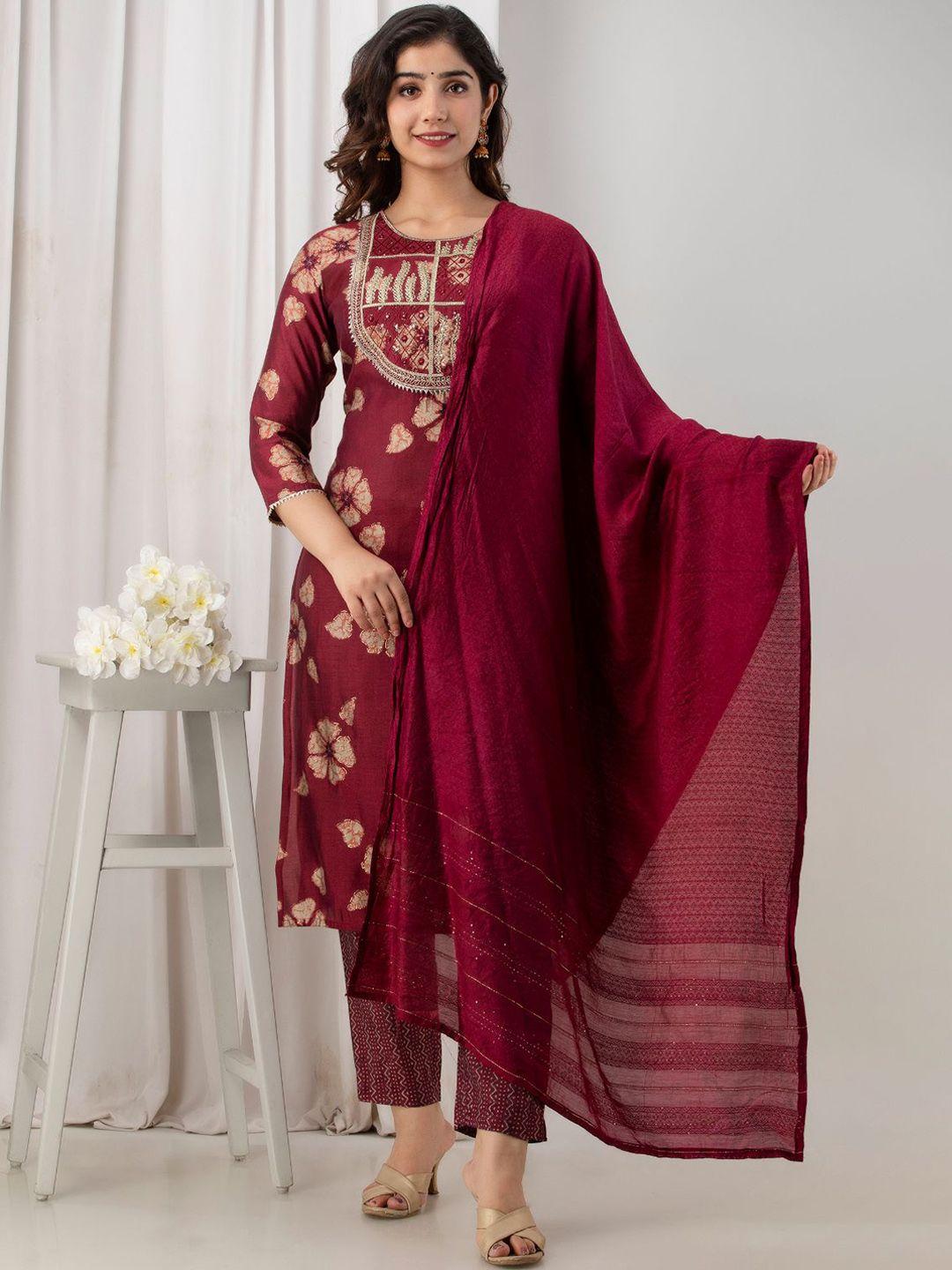 kesarya women maroon ethnic motifs embroidered pure silk kurta with trousers & with dupatta
