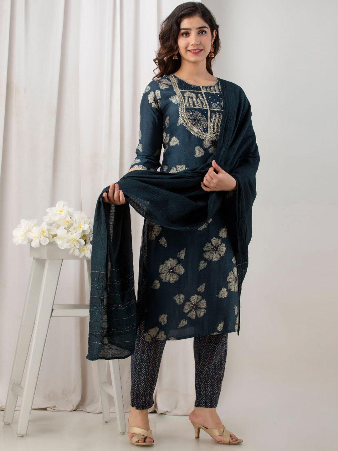 kesarya women navy blue ethnic motifs embroidered pure silk kurta with trousers & with dupatta