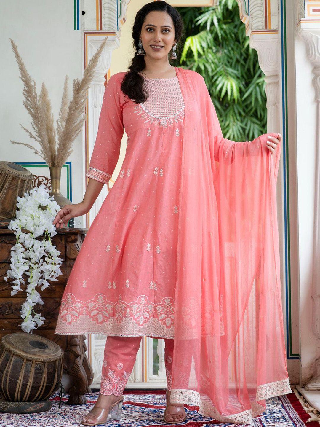kesarya women pink embroidered empire sequinned pure cotton kurta with trouser & dupatta