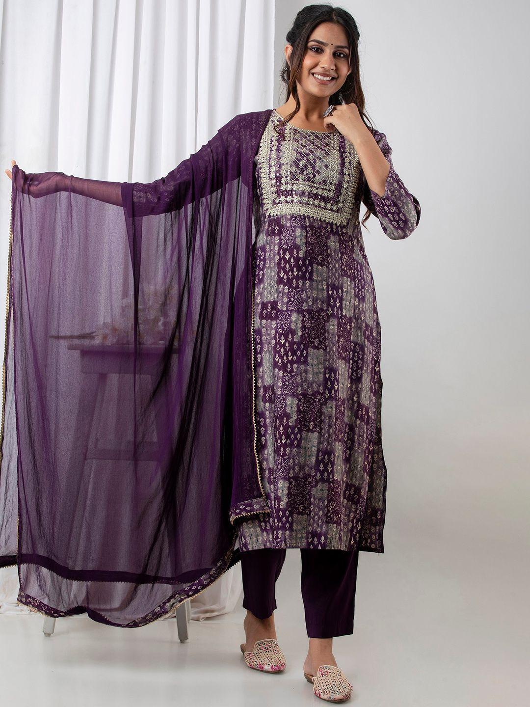 kesarya women purple ethnic motifs printed pure silk kurta with trousers & with dupatta