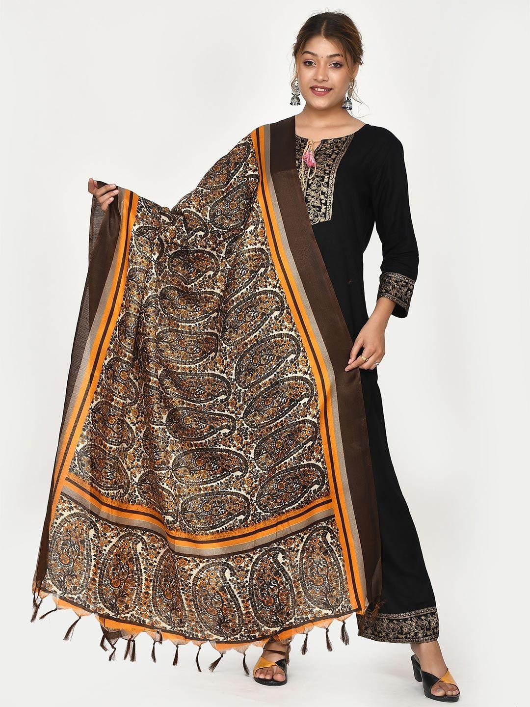 kesarya brown & orange ethnic motifs printed dupatta