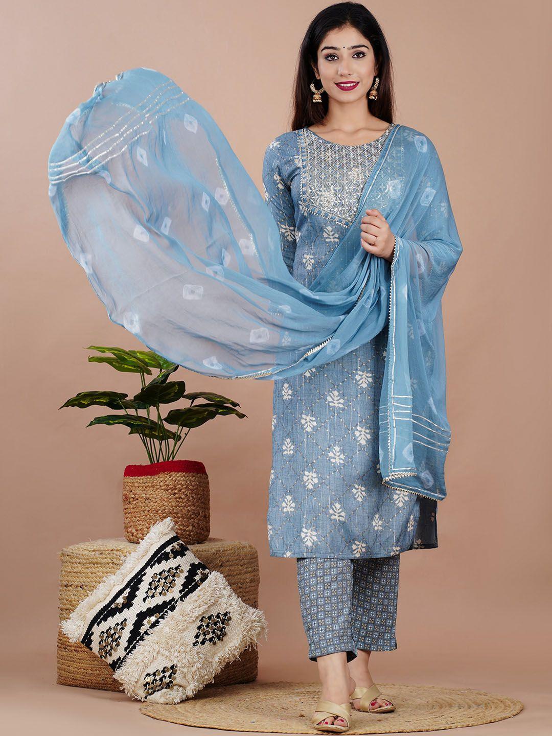 kesarya ethnic motifs embroidered block print sequinned kurta with trousers & dupatta