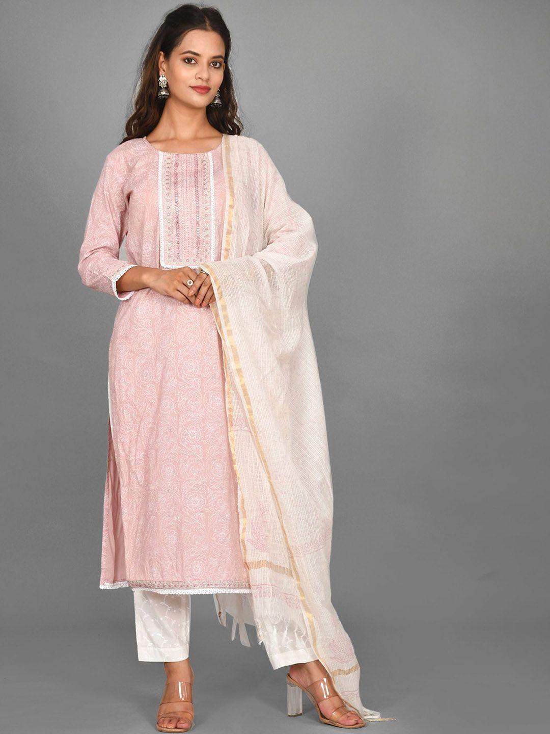 kesarya floral printed mirror work pure cotton kurta with trousers & dupatta