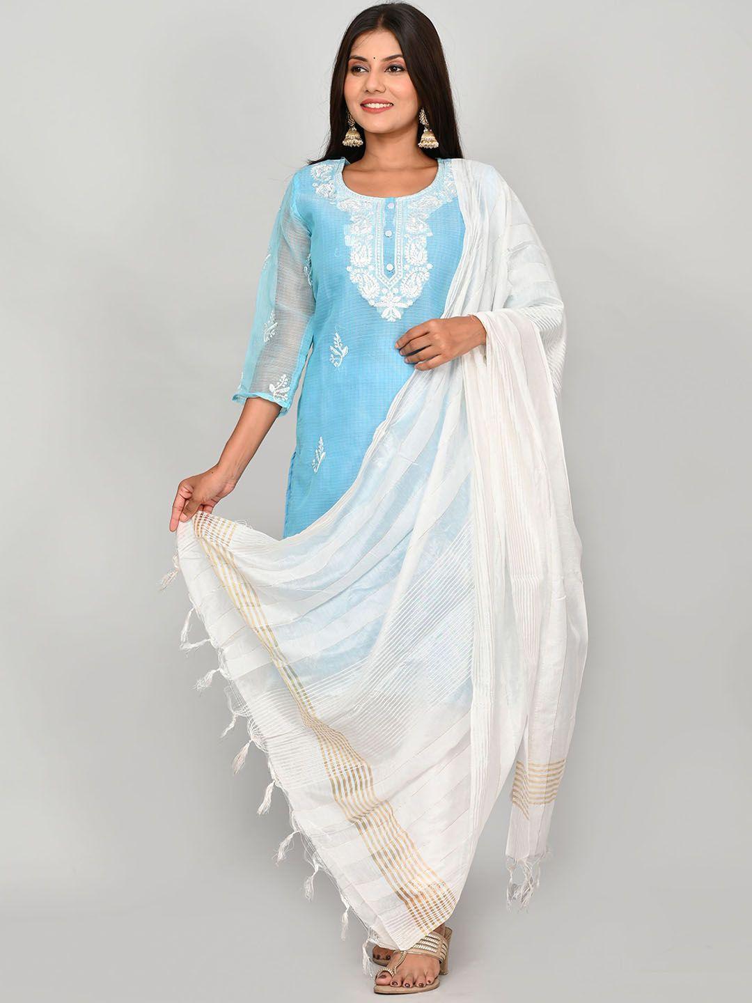 kesarya women blue ethnic motifs embroidered thread work kurta with trousers & with dupatta