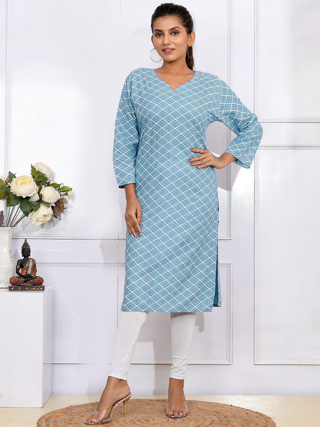 kesarya women blue geometric printed pure cotton kurta