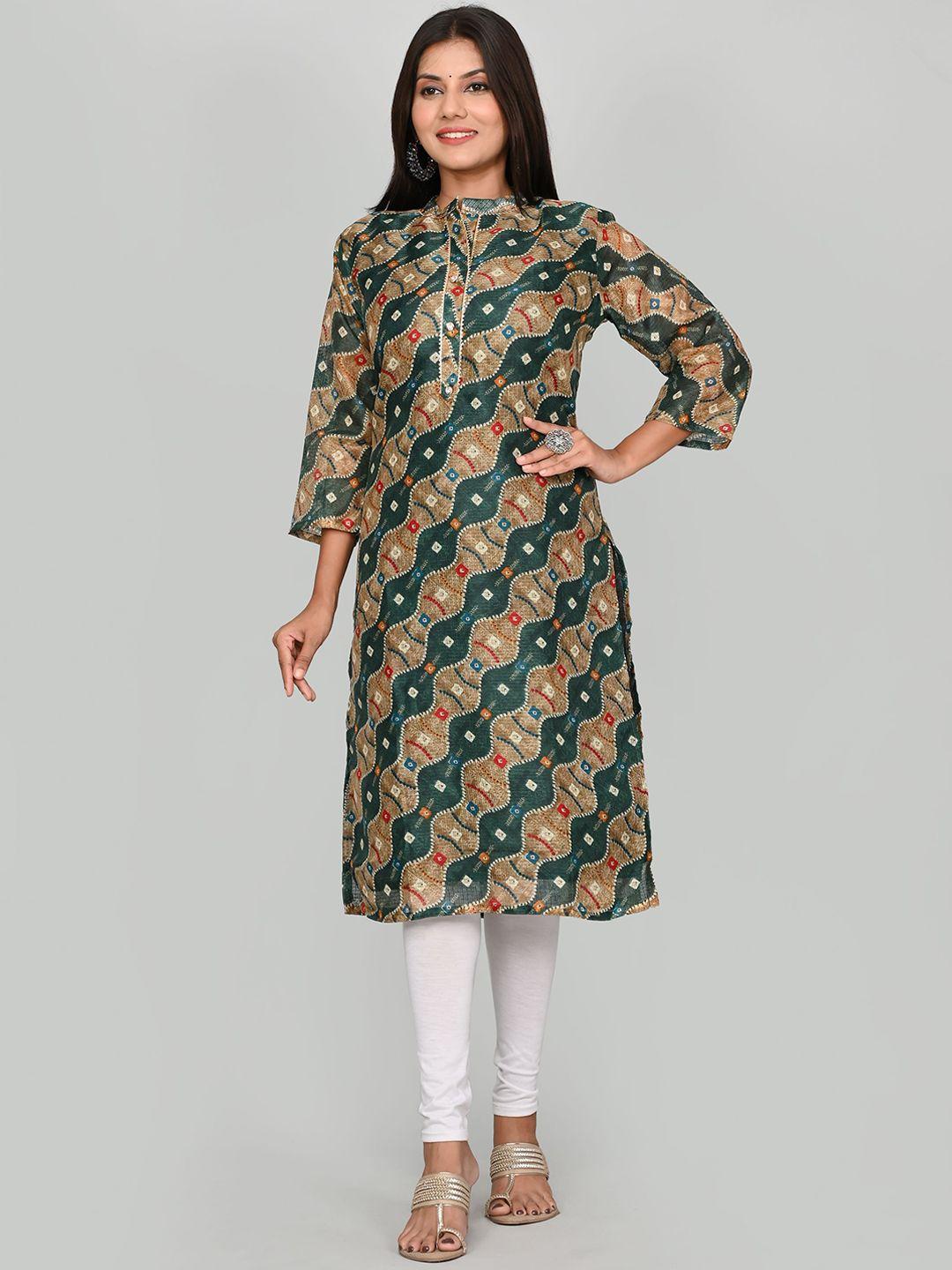 kesarya women green & beige geometric printed gotta patti khadi kurta