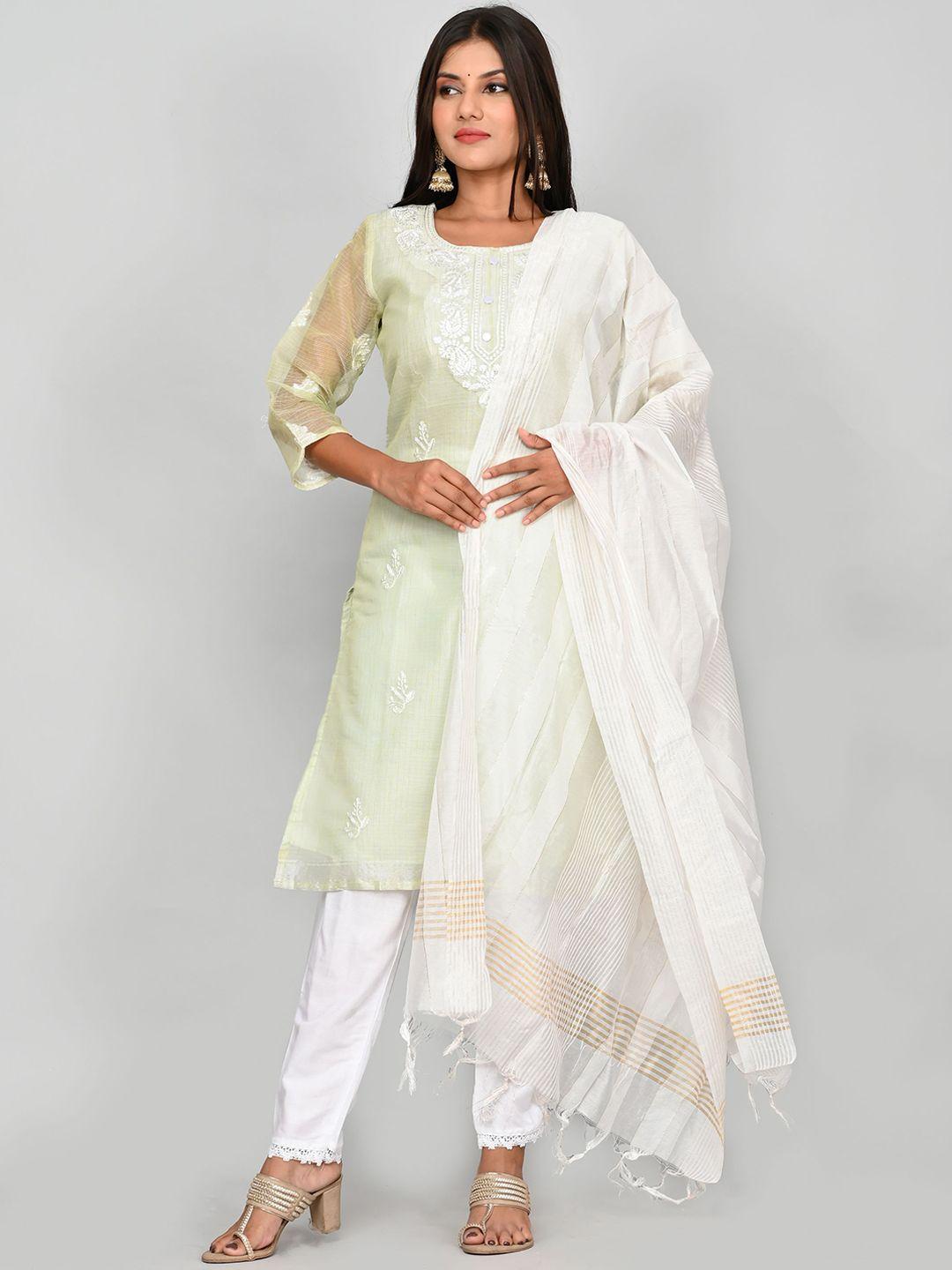 kesarya women green embroidered thread work kurta with trousers & with dupatta