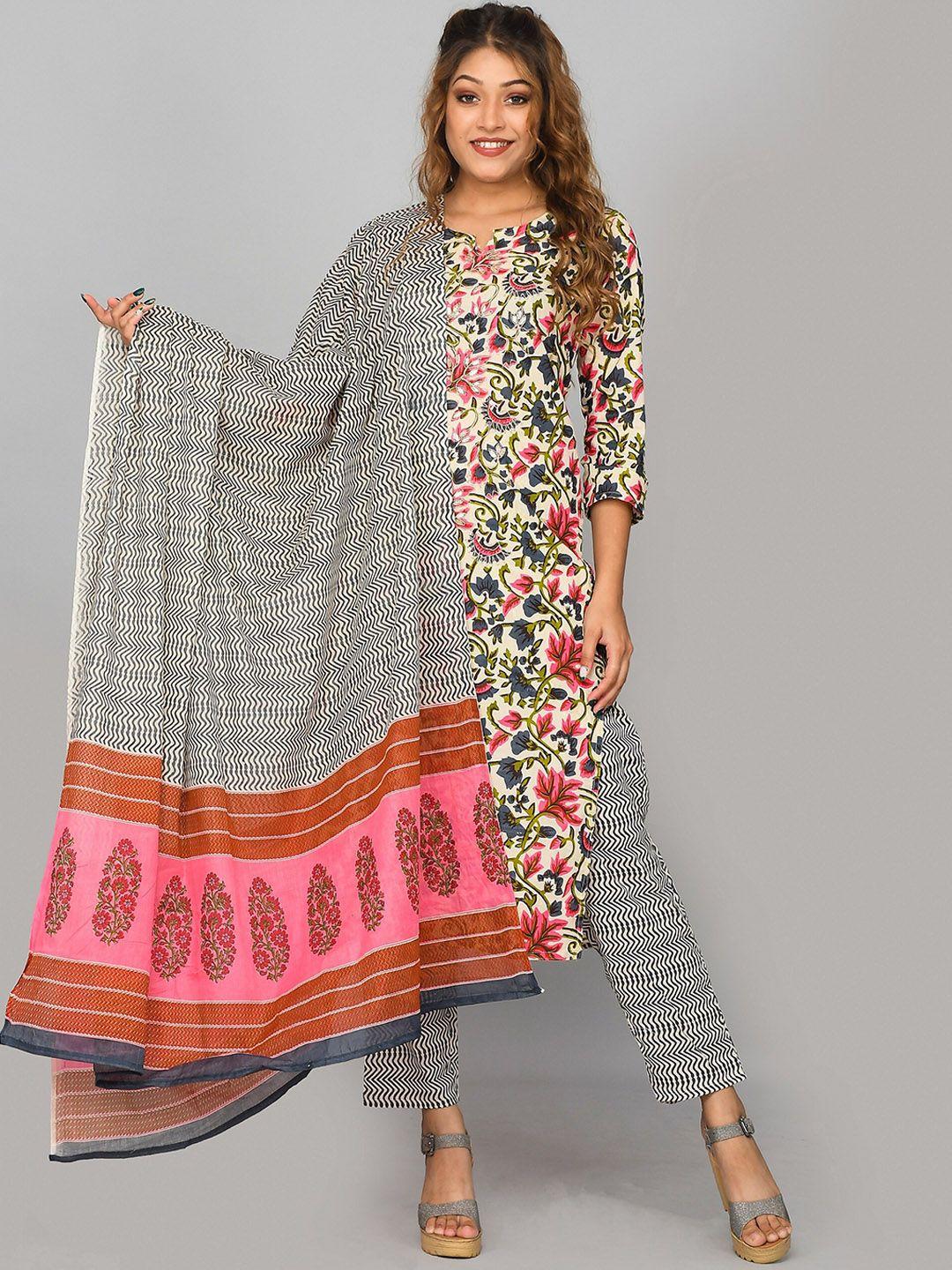 kesarya women grey floral printed layered thread work pure cotton kurta with trousers & with dupatta
