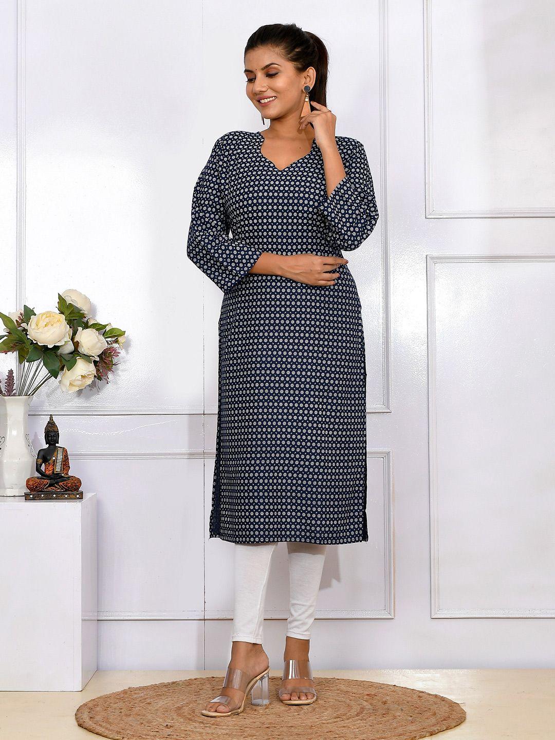 kesarya women navy blue & white cotton geometric printed kurta