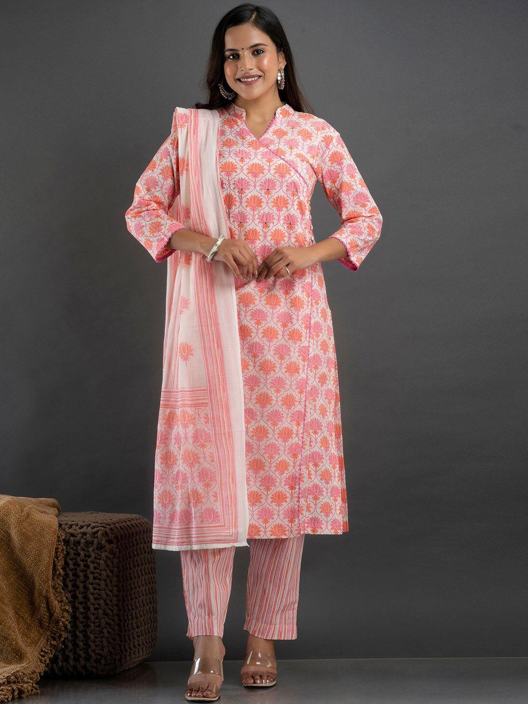kesarya women orange ethnic motifs yoke design panelled sequinned pure cotton kurti with trousers & with