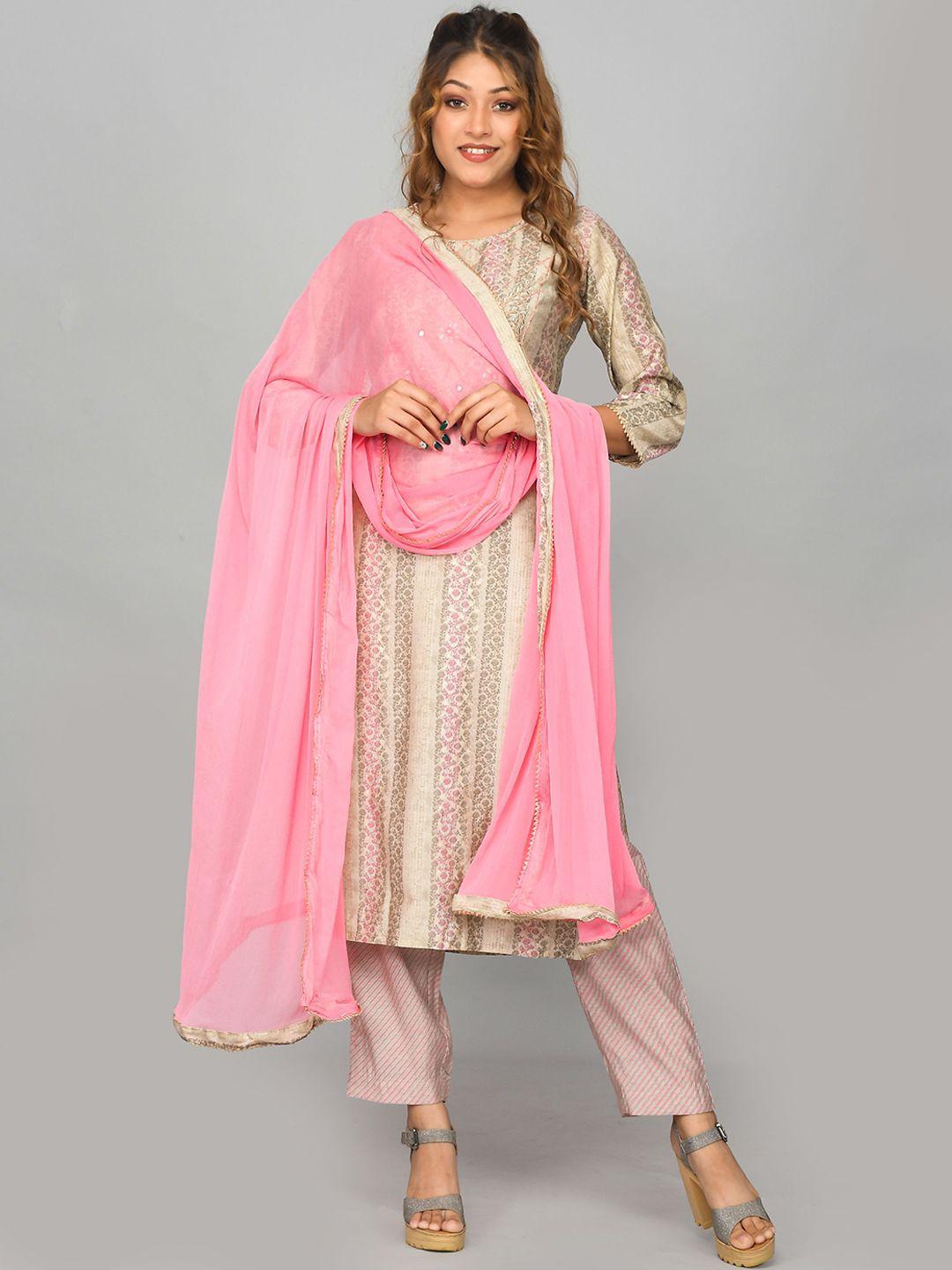 kesarya women pink floral pure silk kurta with trousers & with dupatta