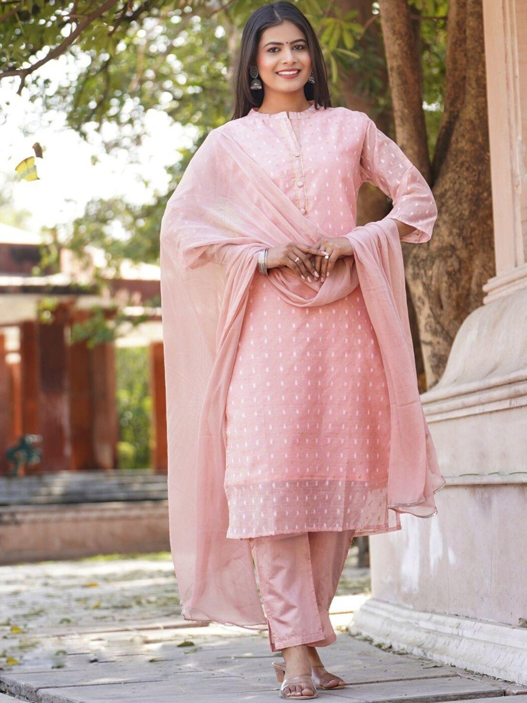 kesarya women pink printed chanderi silk kurta with trousers & with dupatta