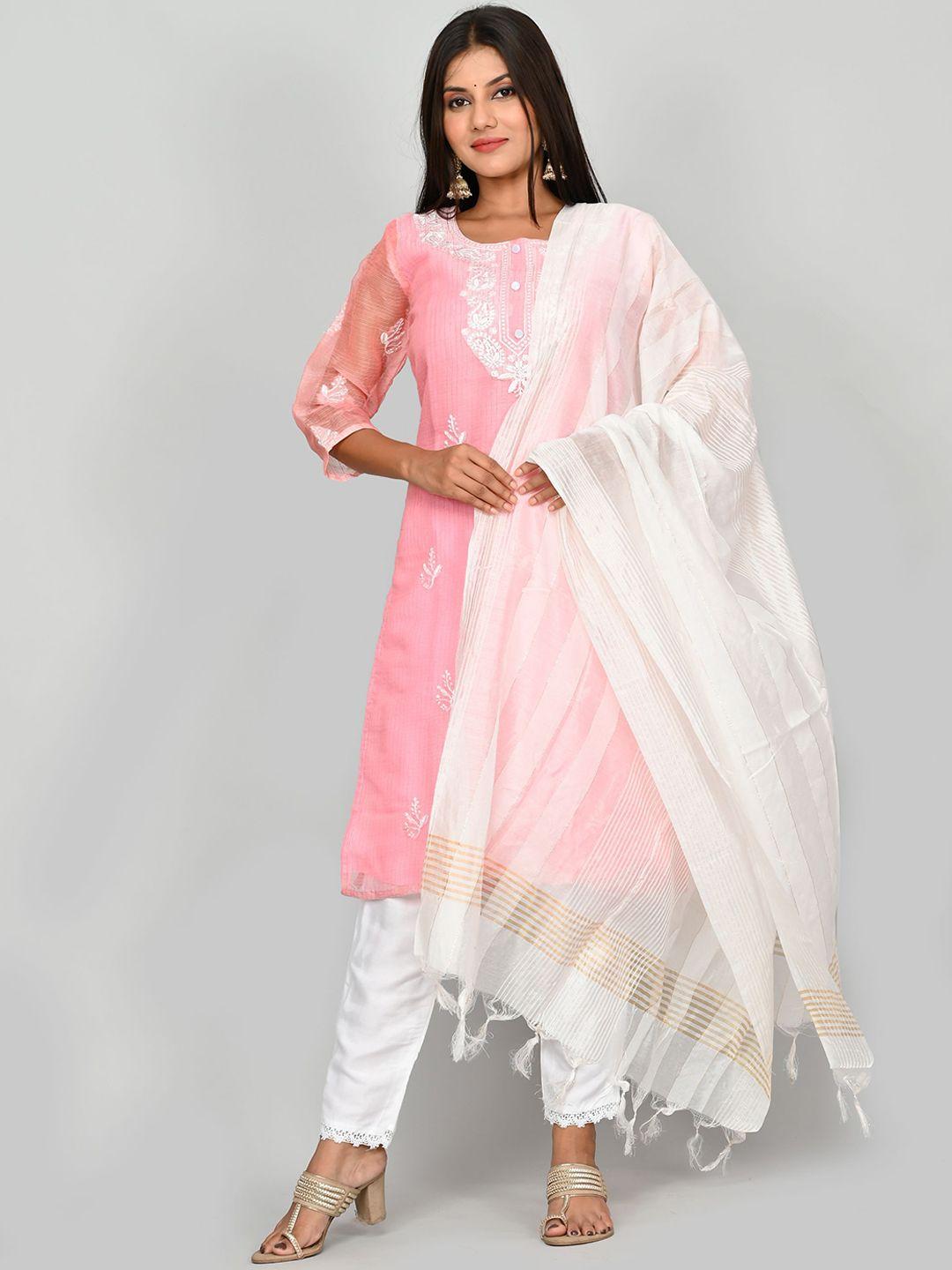 kesarya women pink yoke design thread work kurta with trouser & dupatta