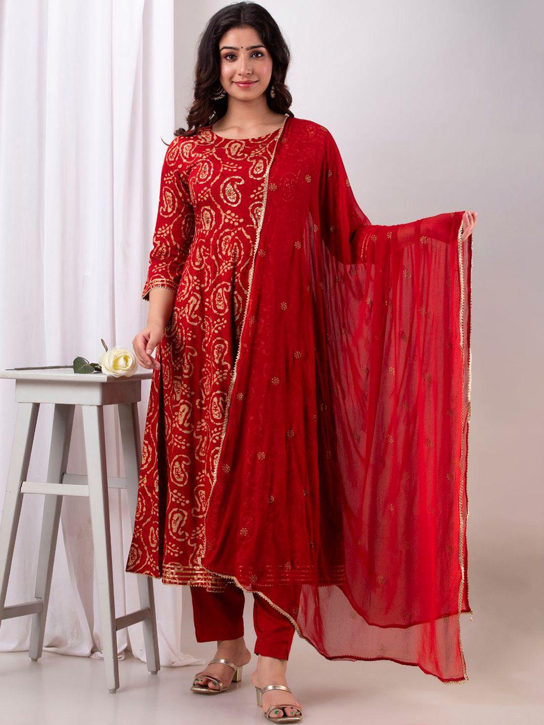 kesarya women red & beige paisley printed sequinned kurta with trouser & dupatta set