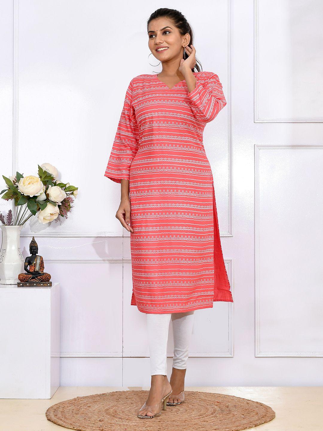 kesarya women red geometric striped pure cotton kurta
