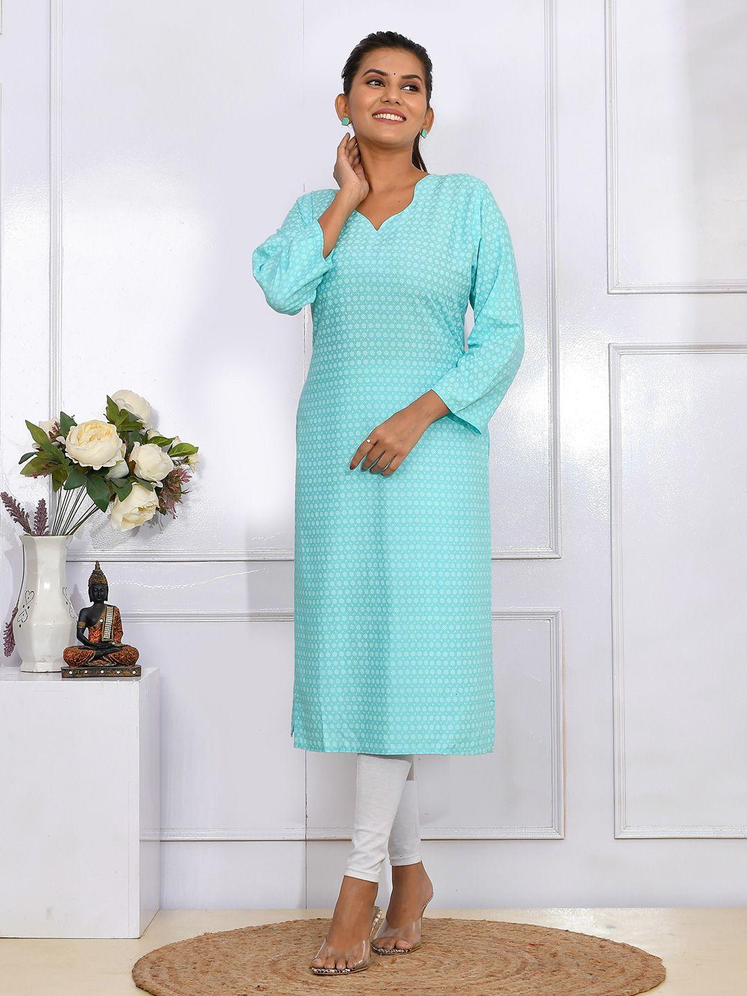 kesarya women turquoise blue & white cotton floral printed kurta