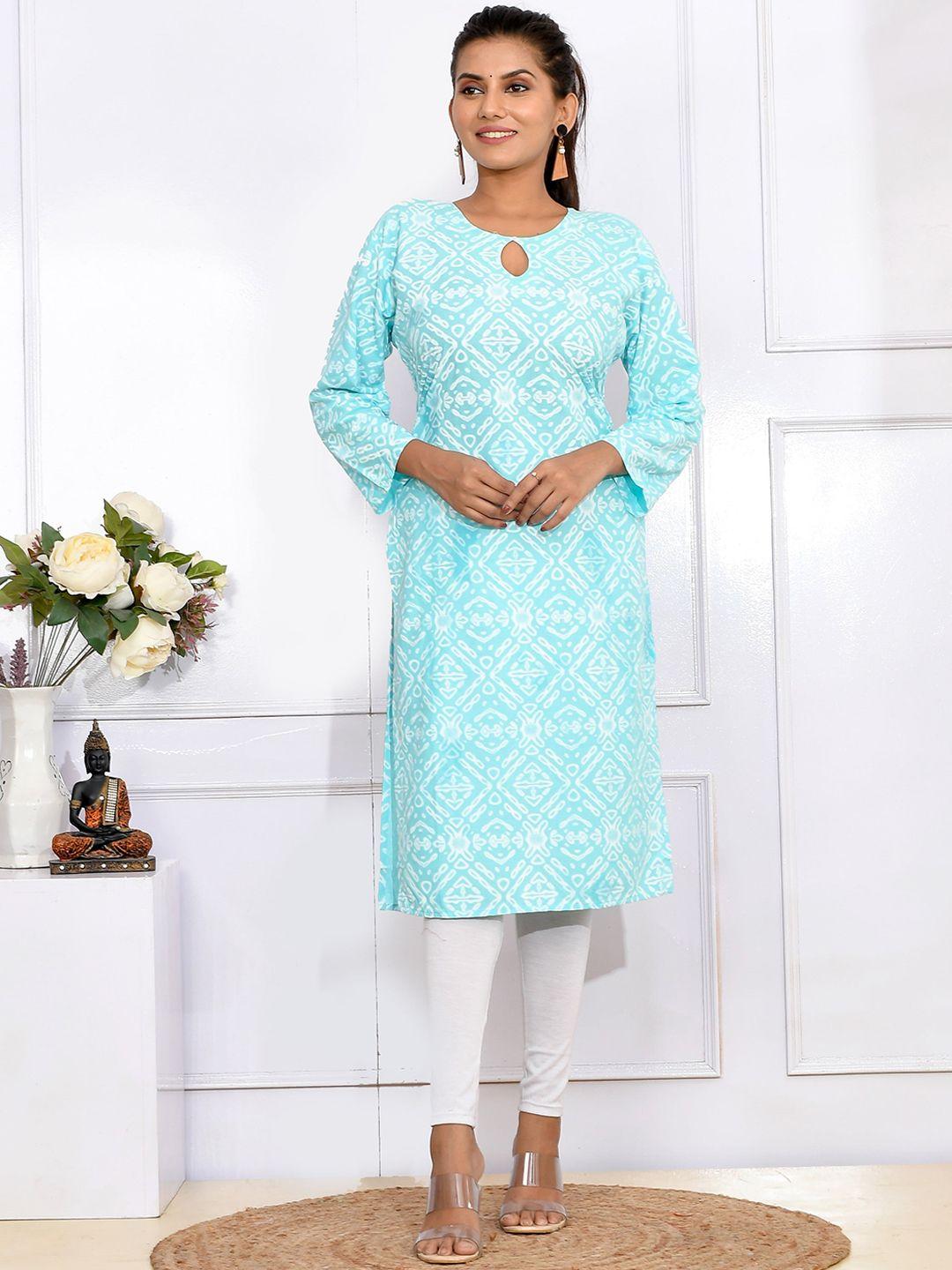 kesarya women turquoise blue geometric printed keyhole neck pure cotton kurta