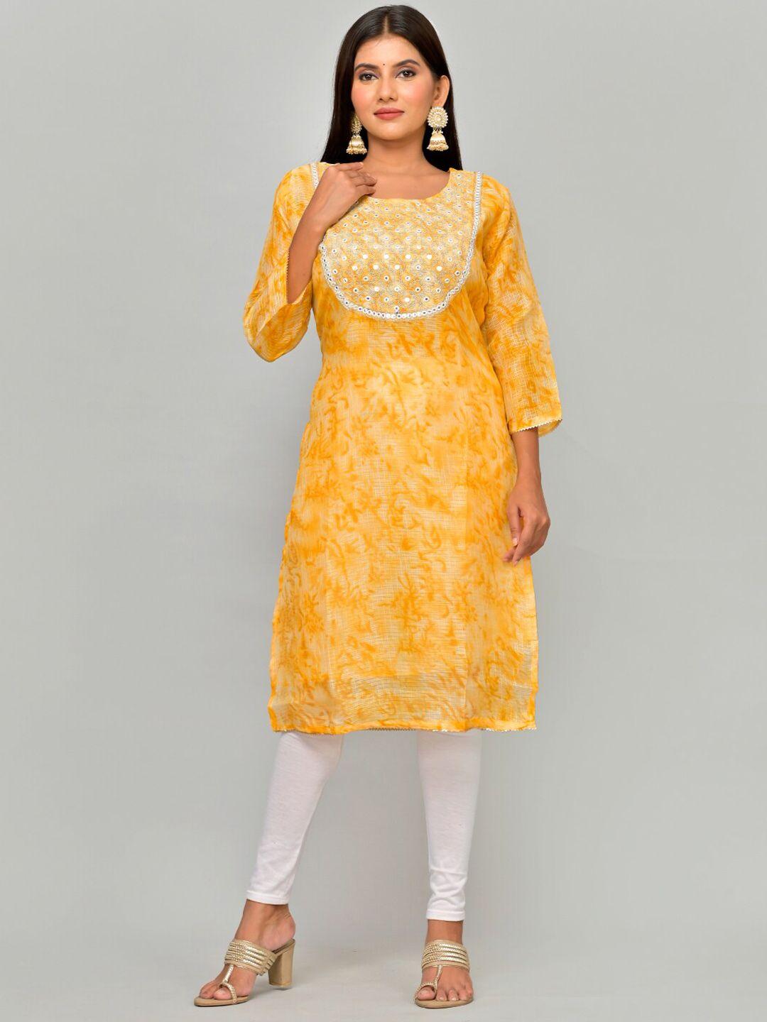 kesarya women yellow & white ethnic motifs embroidered mirror work kurta