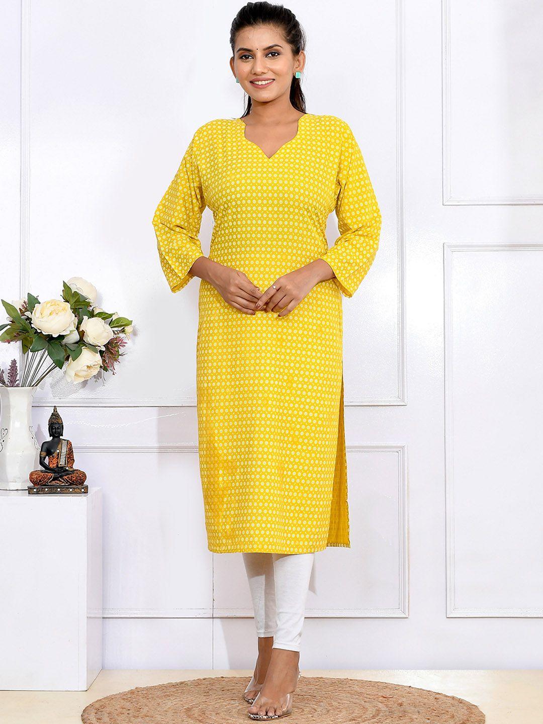 kesarya women yellow & white floral printed cotton kurta