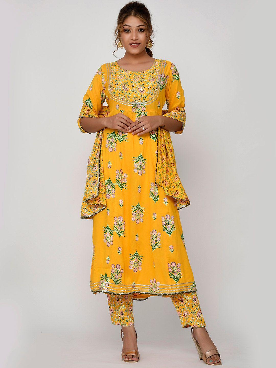 kesarya women yellow floral embroidered layered mirror work kurti with trousers & with dupatta