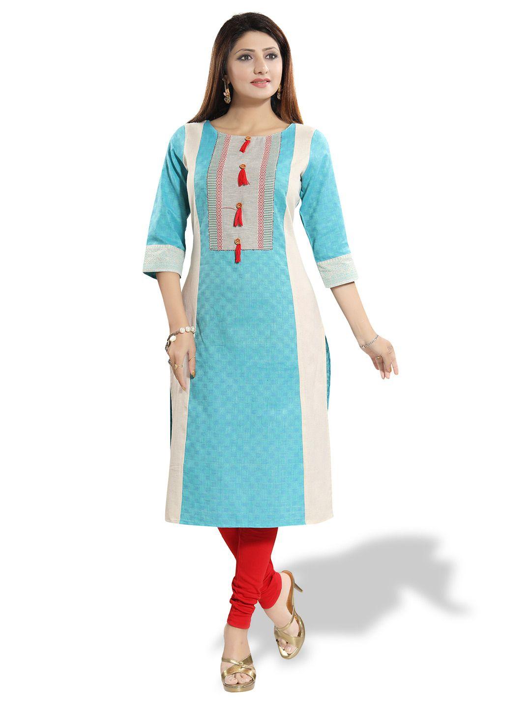 keshubaba colourblocked round neck thread work pure cotton straight kurta