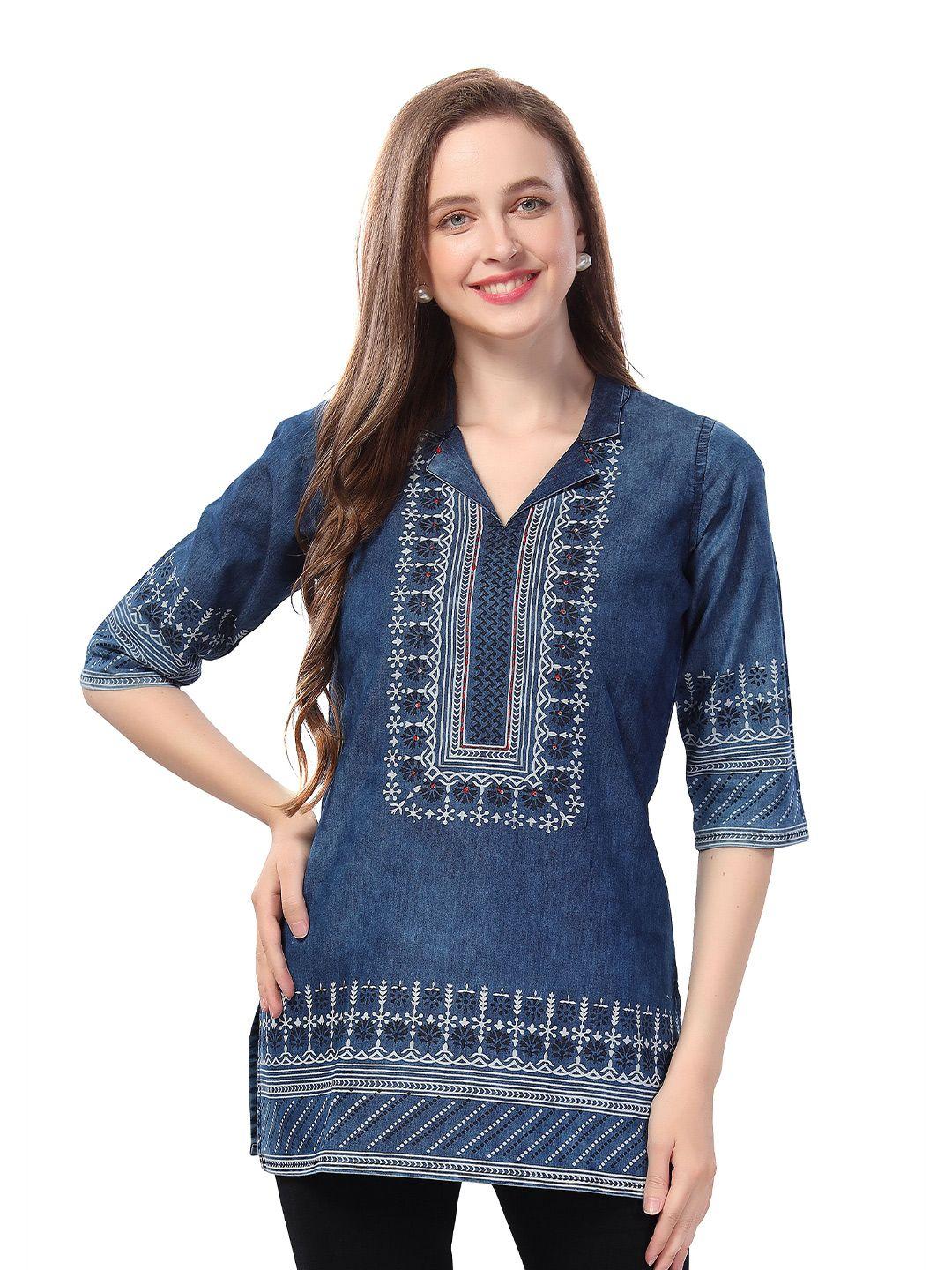 keshubaba ethnic motifs printed shirt collar denim kurti