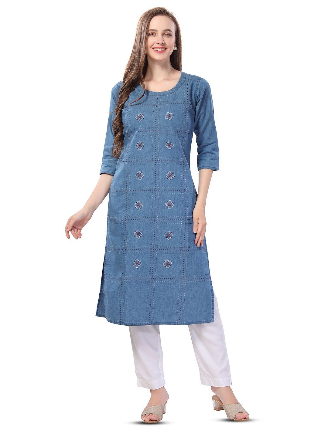 keshubaba floral embroidered denim weave straight kurta