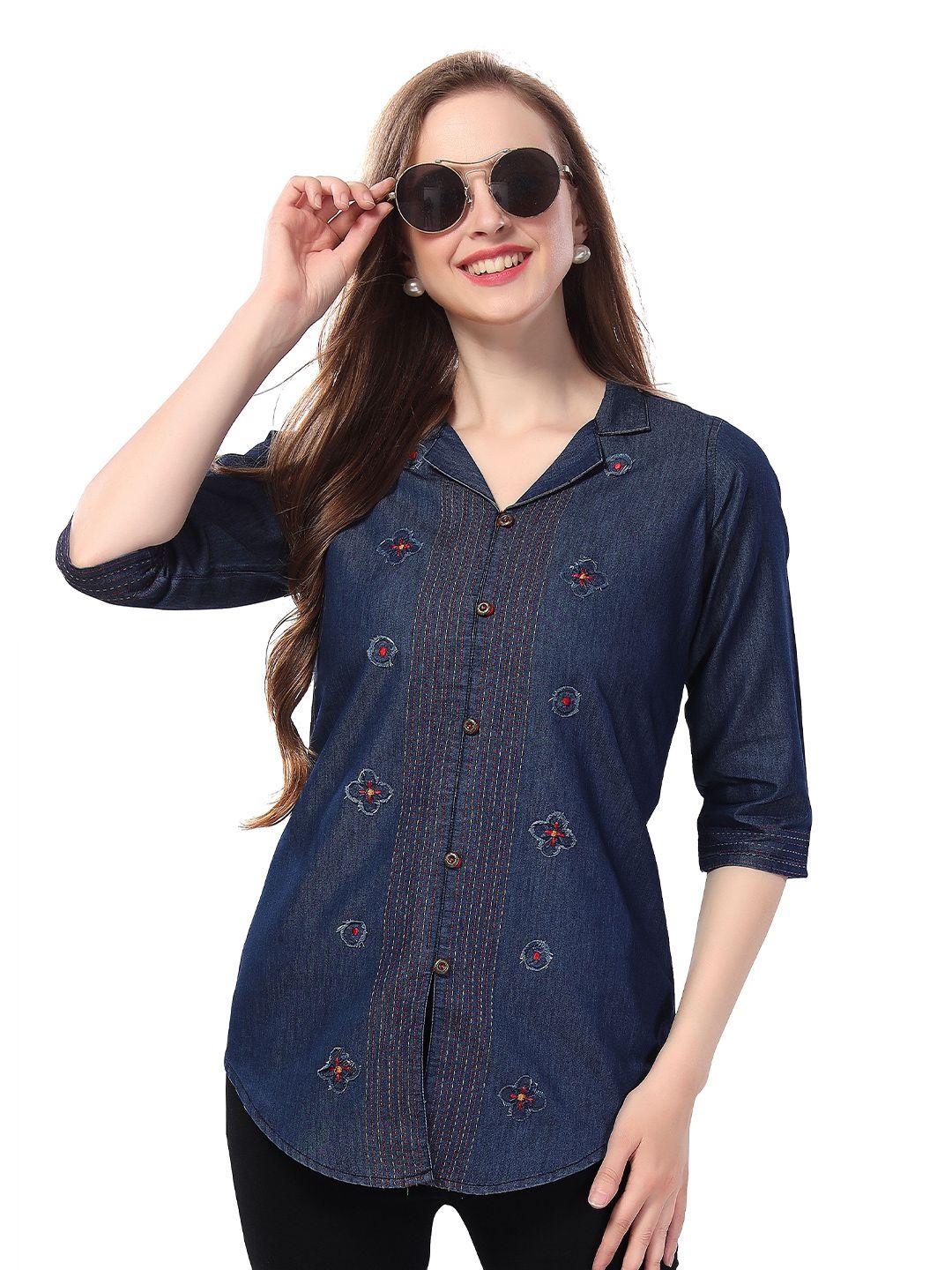 keshubaba floral embroidered lapel collar denim shirt style top