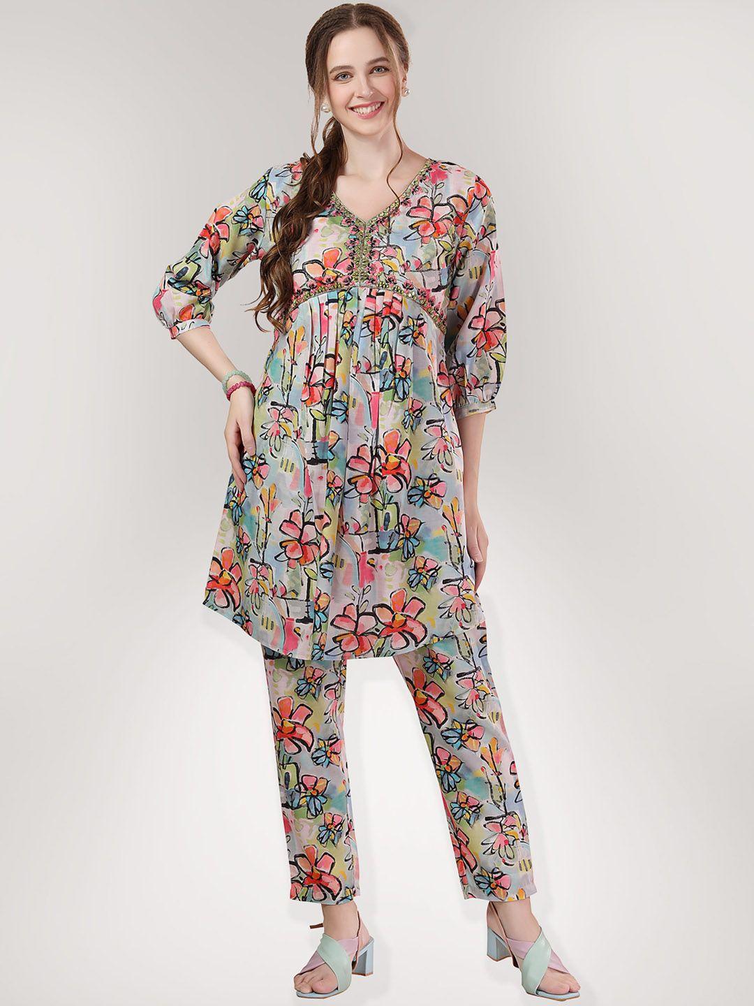 keshubaba floral printed v-neck a-line kurta with trousers