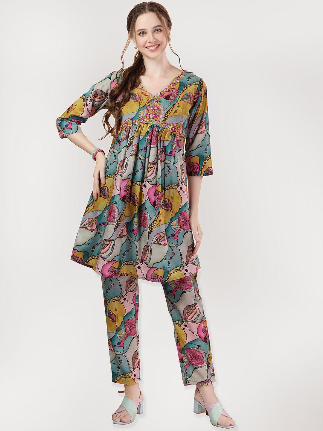 keshubaba floral printed v-neck a-line kurti with trousers