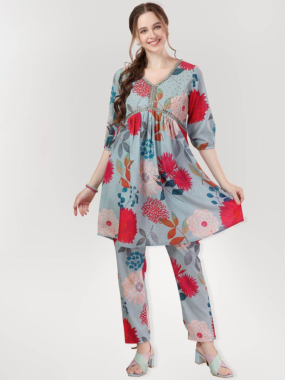 keshubaba floral printed v-neck a-line sequinned kurti with trousers