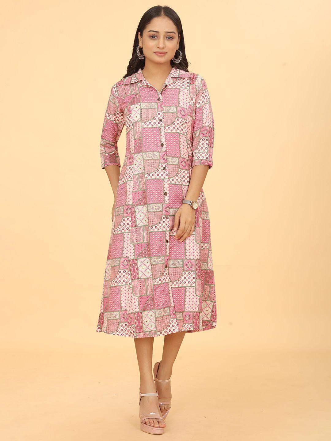 kesudi geometric print shirt collar three-quarter sleeves cotton shirt midi dress