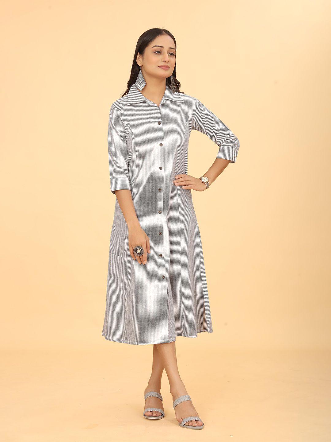 kesudi striped print shirt collar three-quarter sleeves cotton shirt midi dress