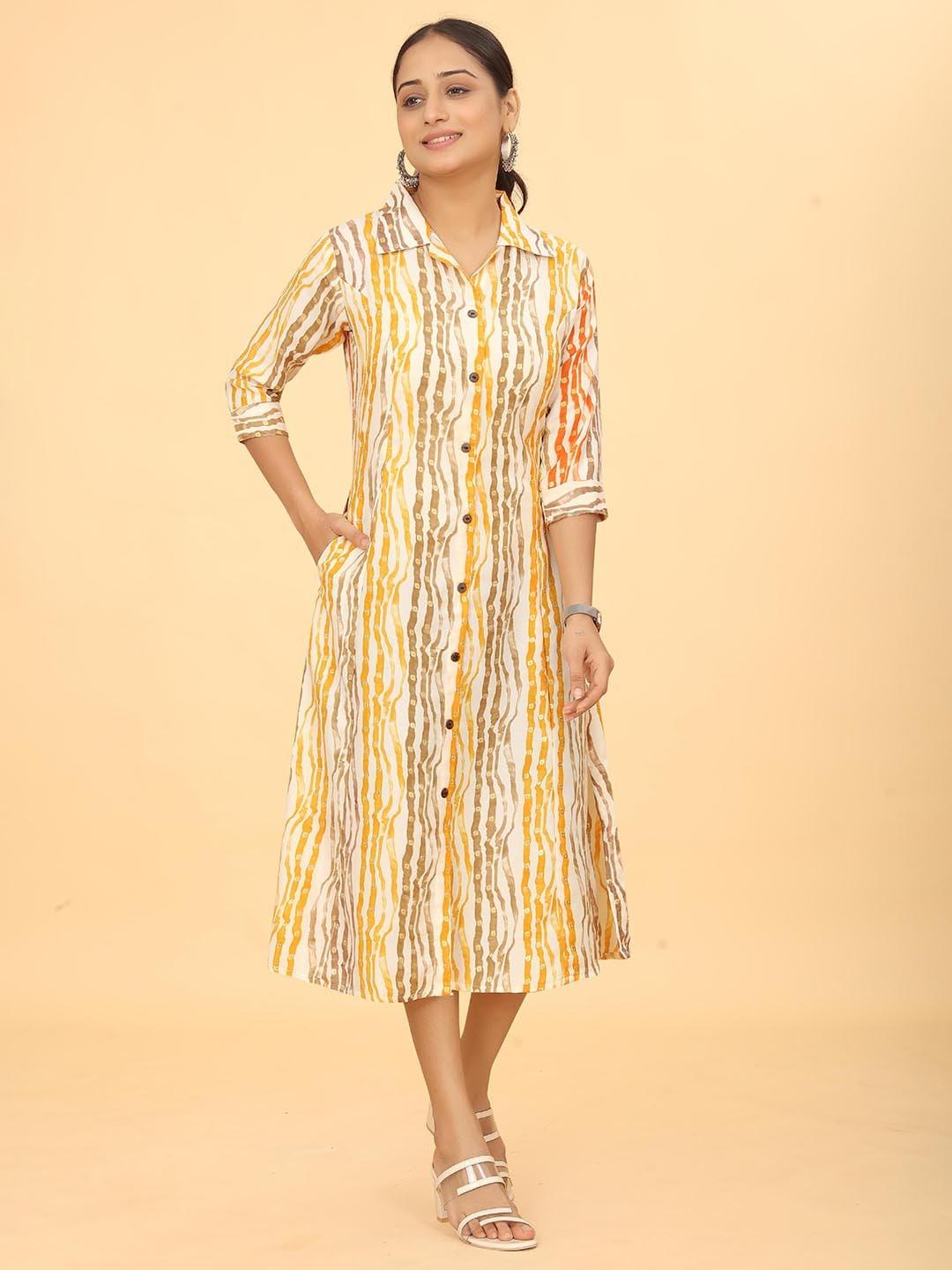 kesudi striped shirt collar three-quarter sleeves cotton shirt midi dress