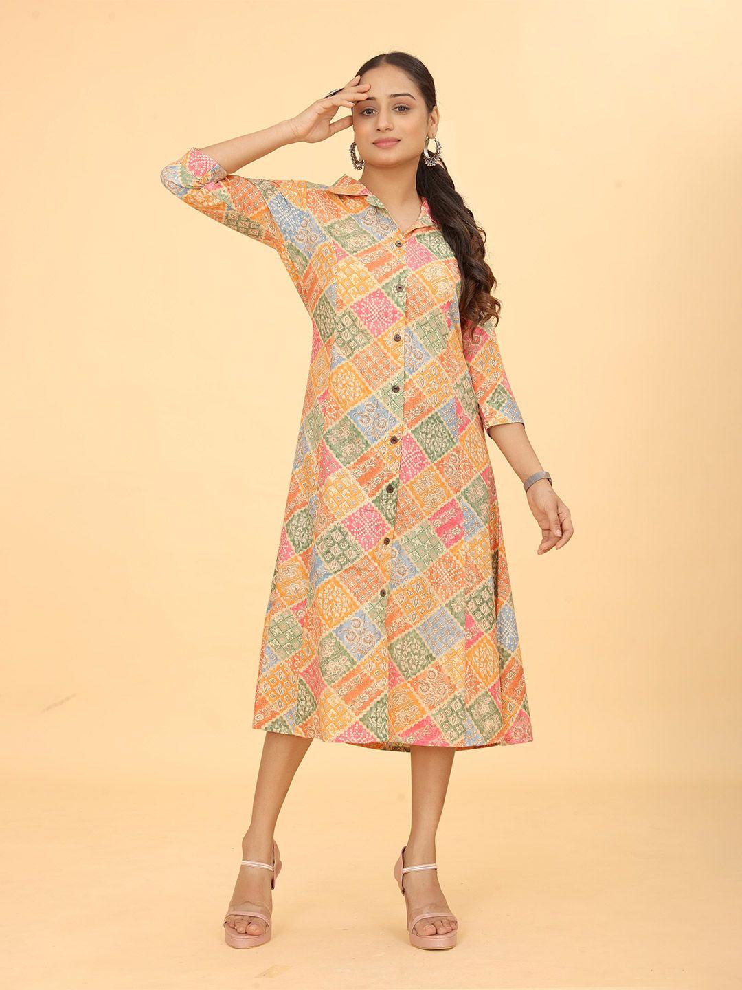 kesudi ethnic motifs printed three-quarter sleeves cotton shirt midi dress