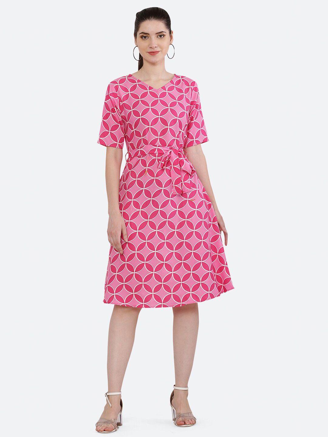 ketaki fashion geometric printed belted a-line dress